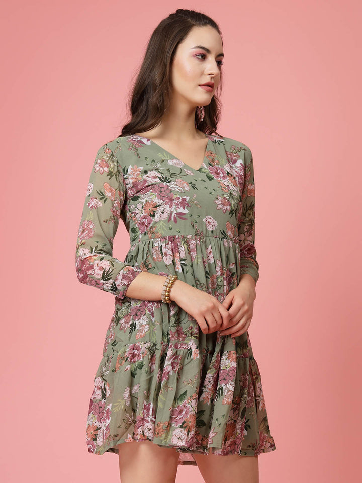 Olive Green Floral Printed V-neck Gathered Tiered Fit  Flare Mini Dress