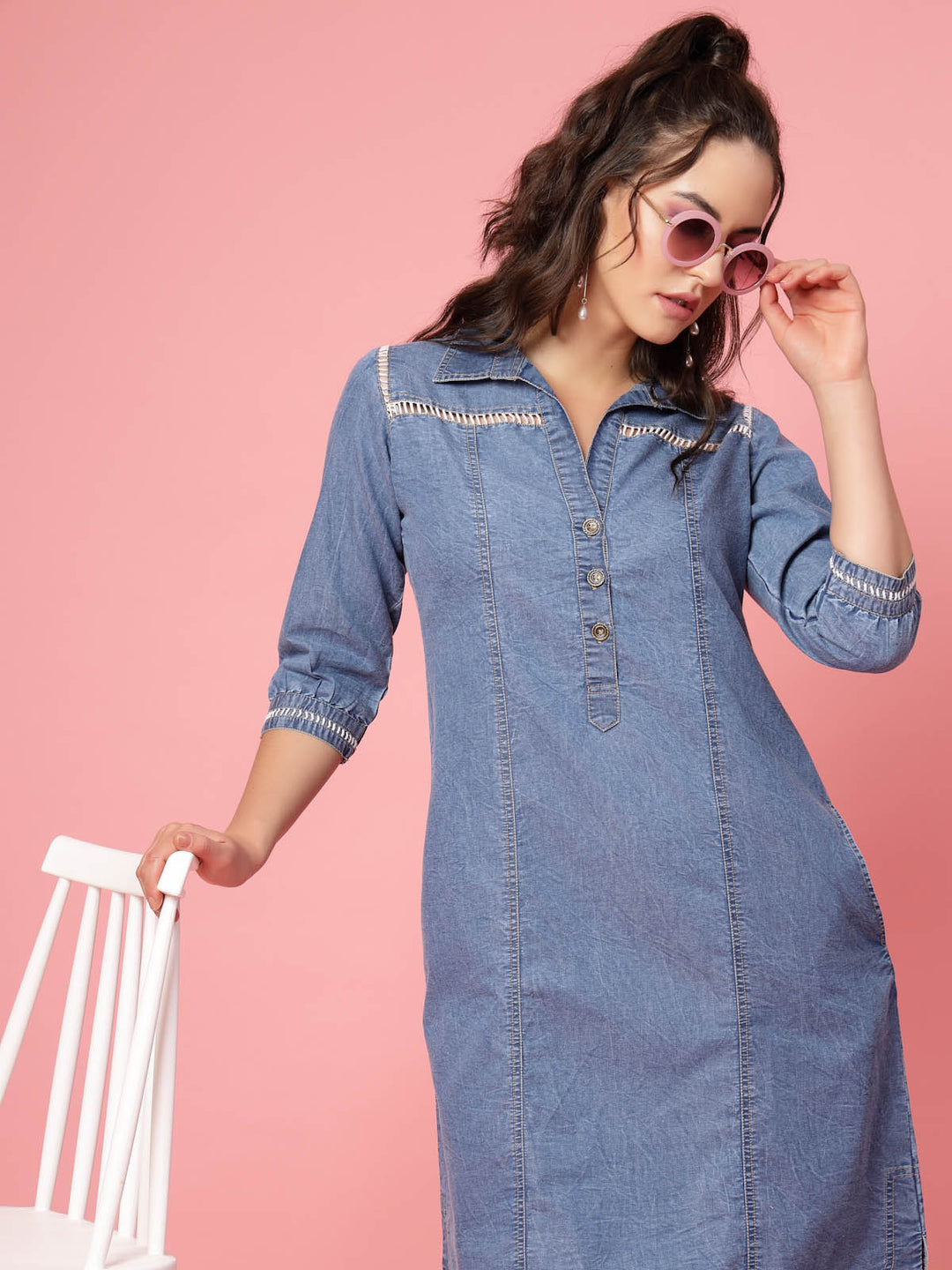 Blue Shirt Collar Denim Shirt Style Dress