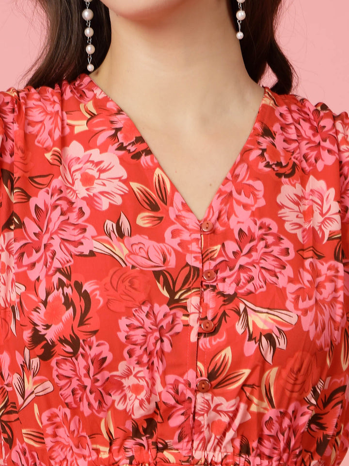 Pink Floral Printed V-Neck Puff Sleeves Gathered A-Line Dress