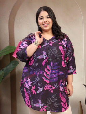 Plus Size Brown Purple Floral Print Top
