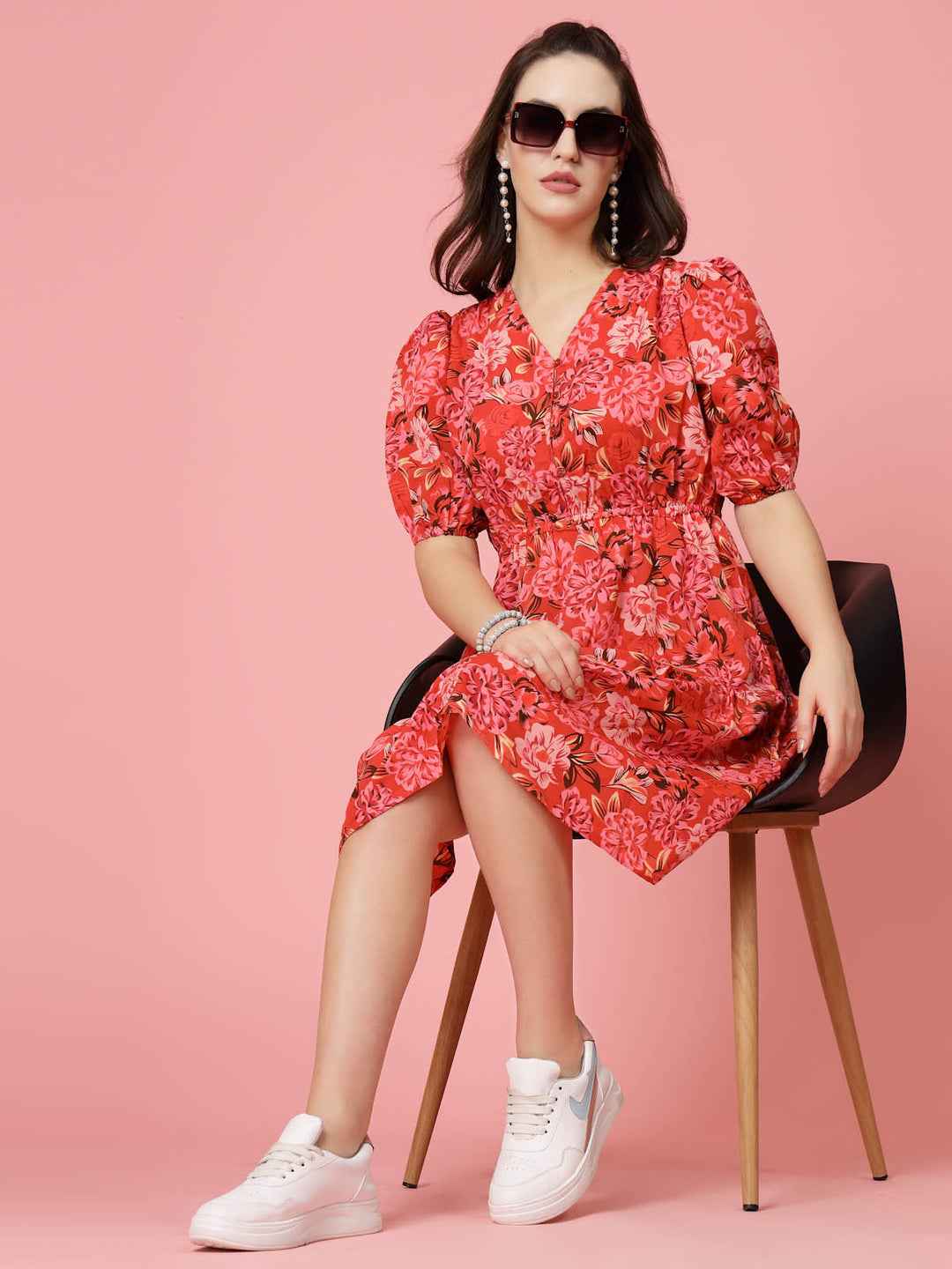 Pink Floral Printed V-Neck Puff Sleeves Gathered A-Line Dress