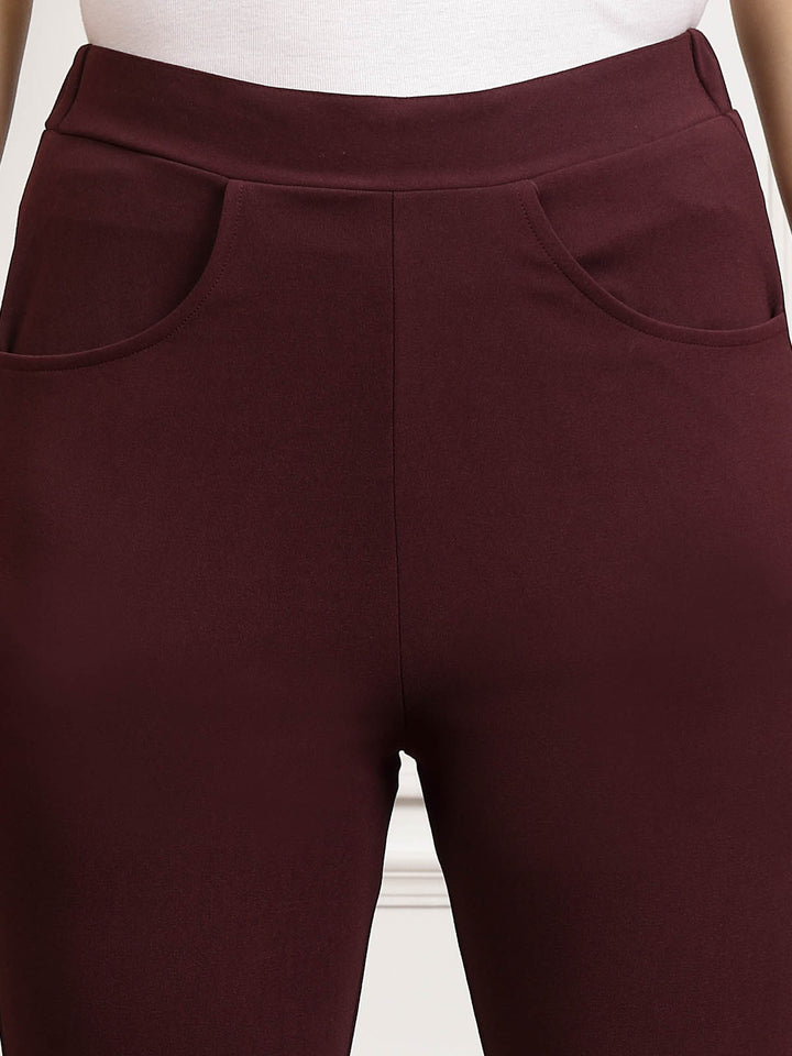 Burgundy Women Mid Rise Bootcut Trousers