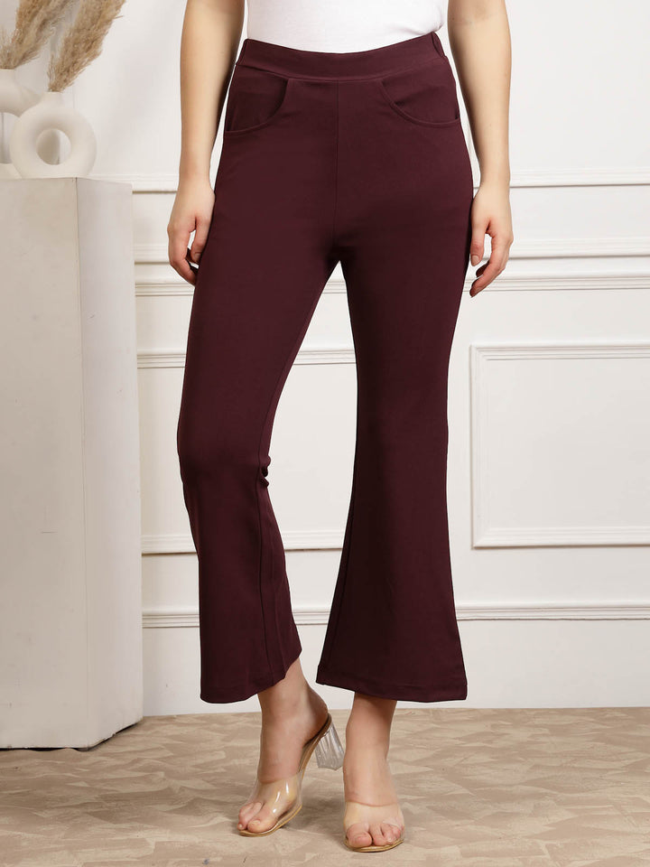 Burgundy Women Mid Rise Bootcut Trousers