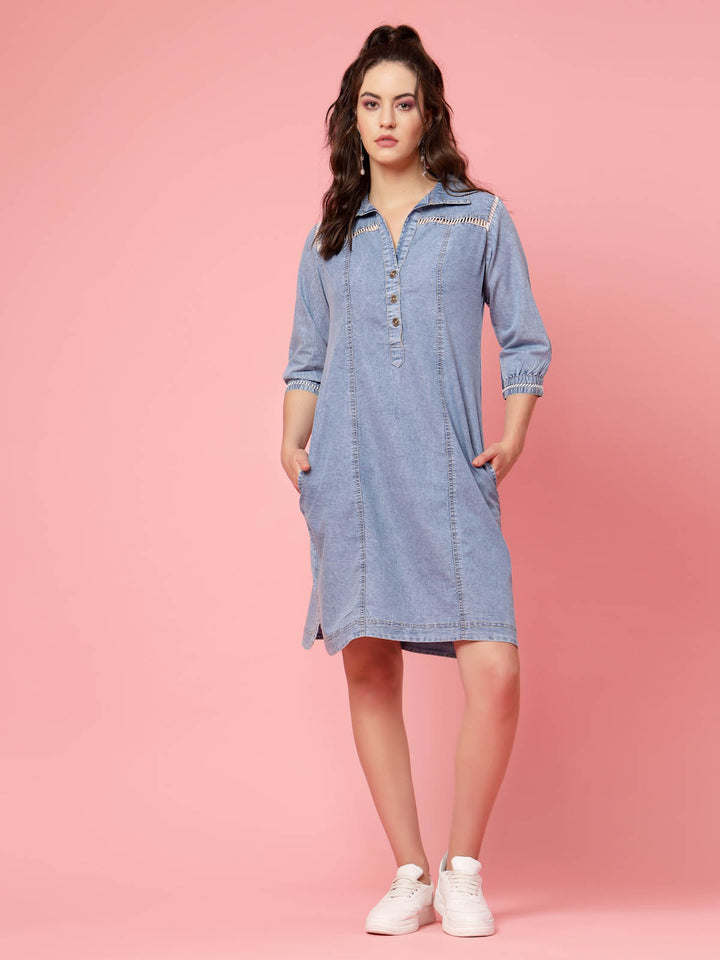 Blue Shirt Collar Denim Cotton A-Line Dress