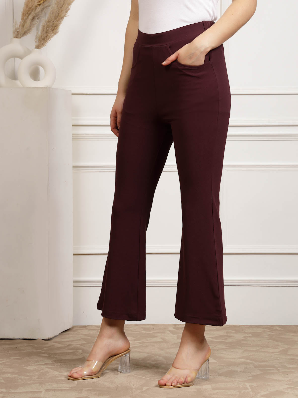 Burgundy Women Mid Rise Bootcut Trousers