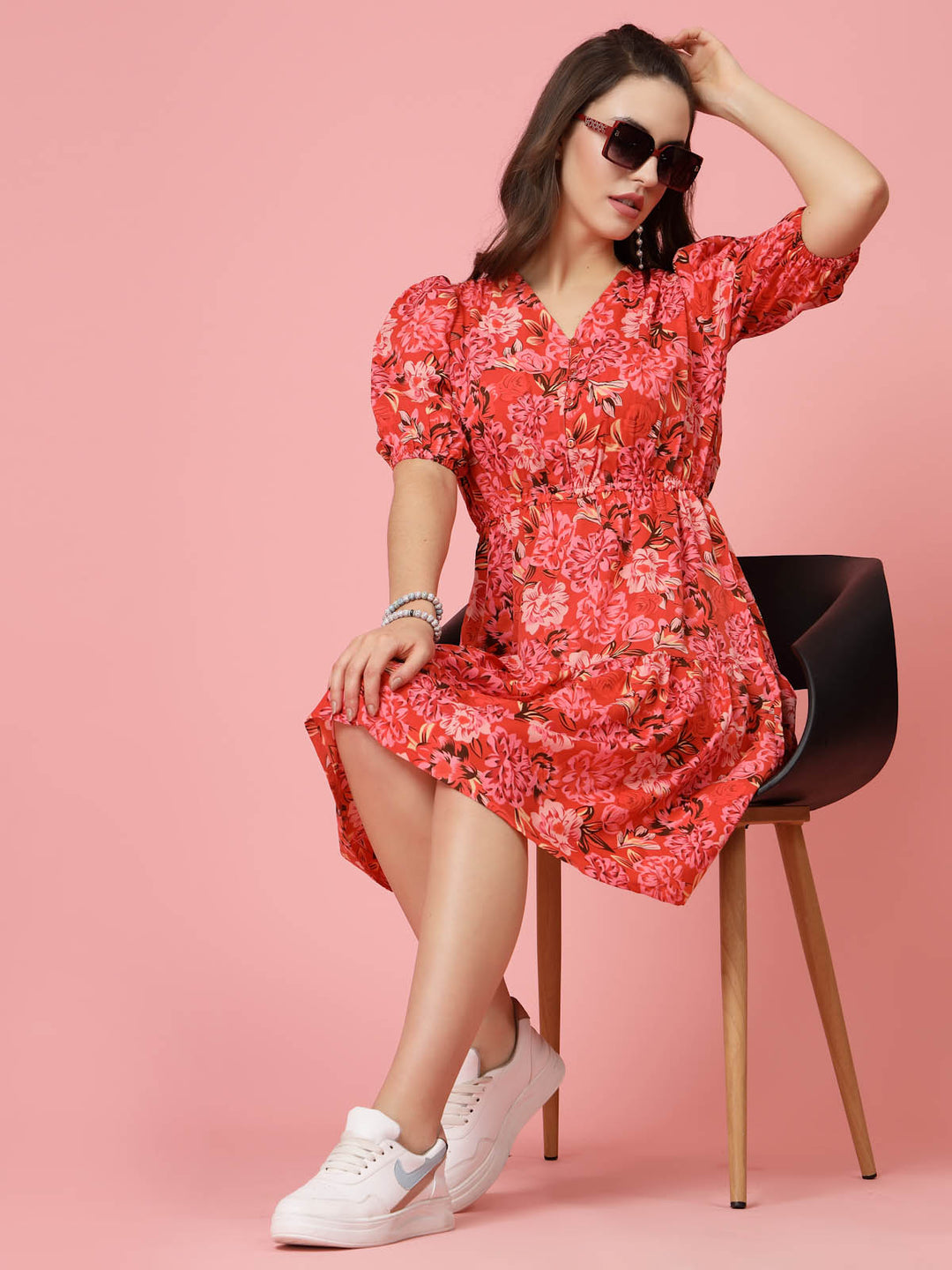 Pink Floral Printed V-Neck Puff Sleeves Gathered A-Line Dress