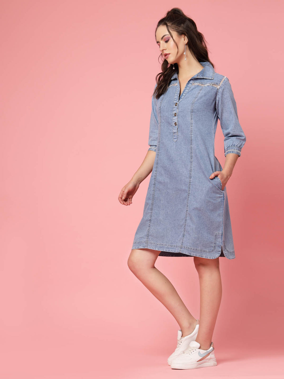 Blue Shirt Collar Denim Cotton A-Line Dress