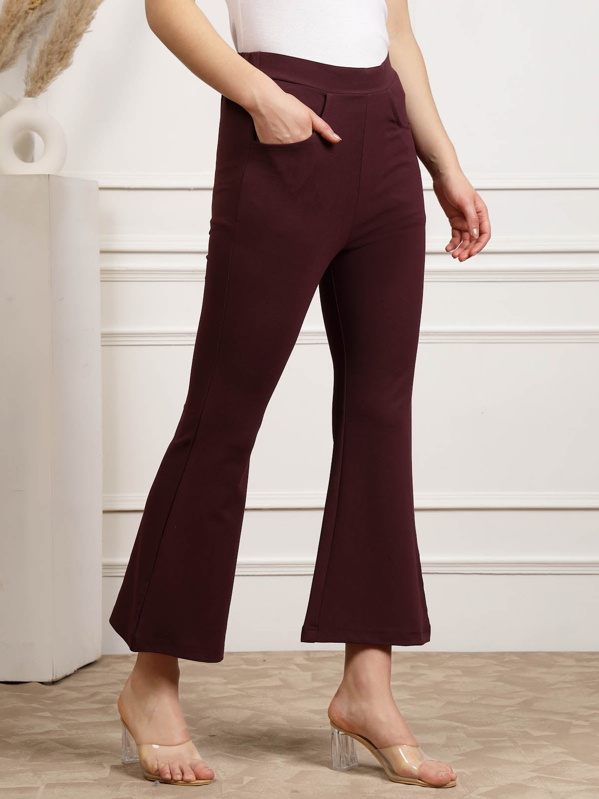 Burgundy Women Mid Rise Bootcut Trousers