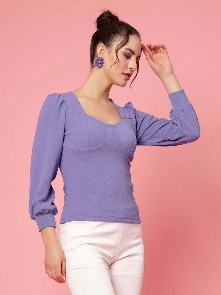 Purple Cuffed Sleeves Fitted Top