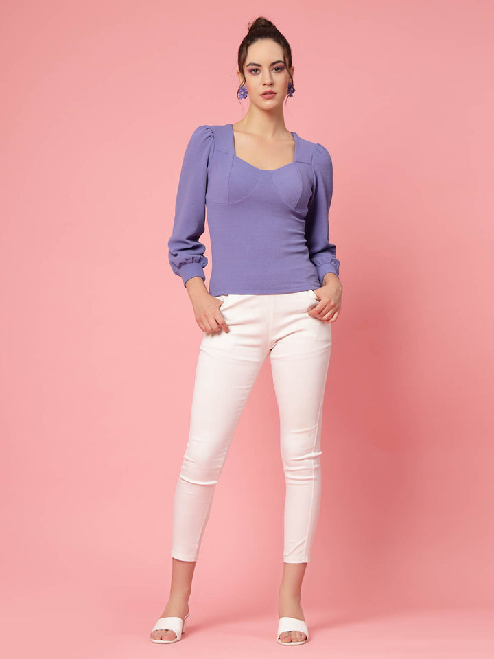 Purple Cuffed Sleeves Fitted Top