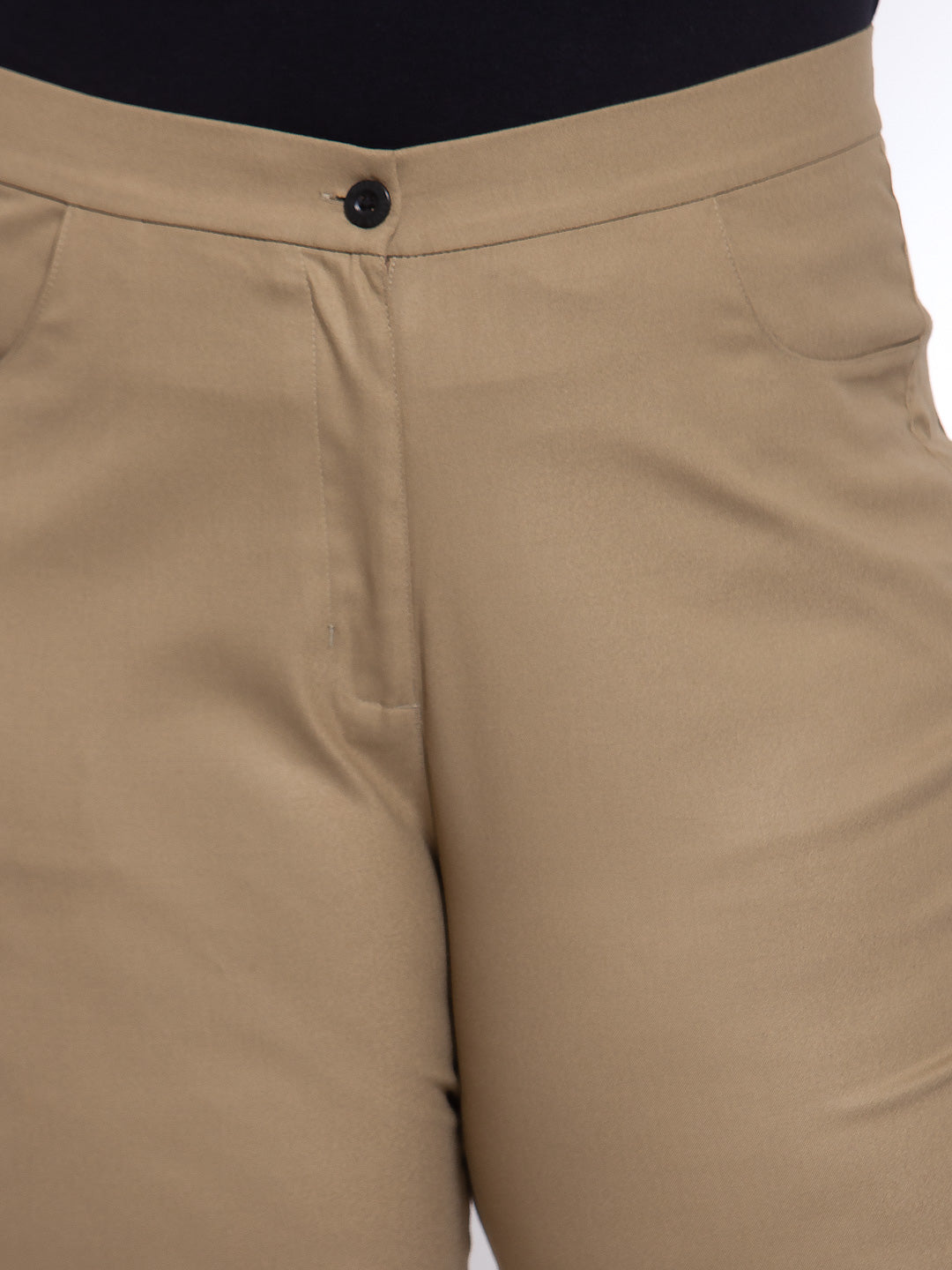 Plus Size Women Beige Regular Fit Cotton Solid Formal Trousers