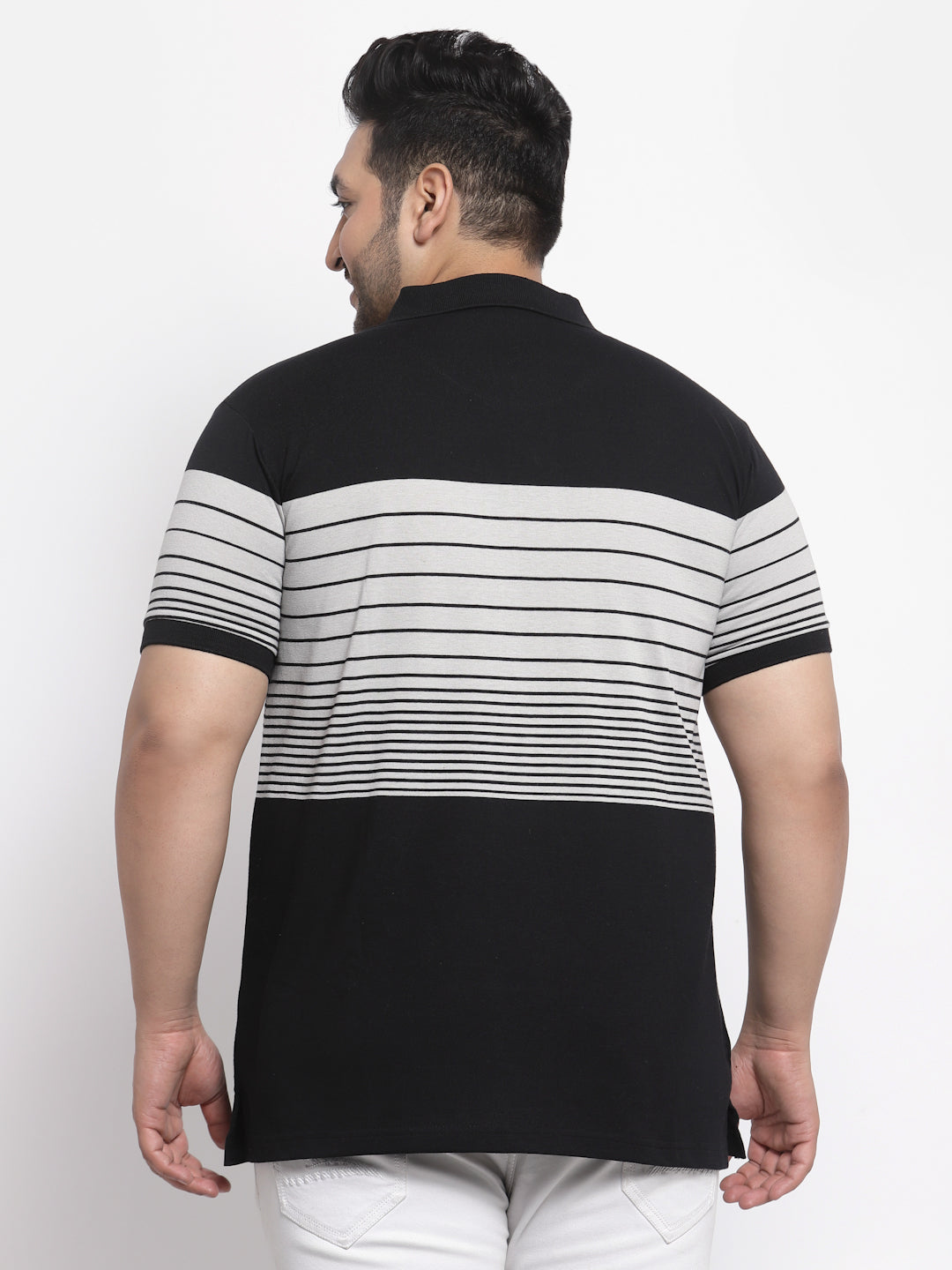 Men Plus Size Black & White Striped Polo Collar Cotton T-shirt