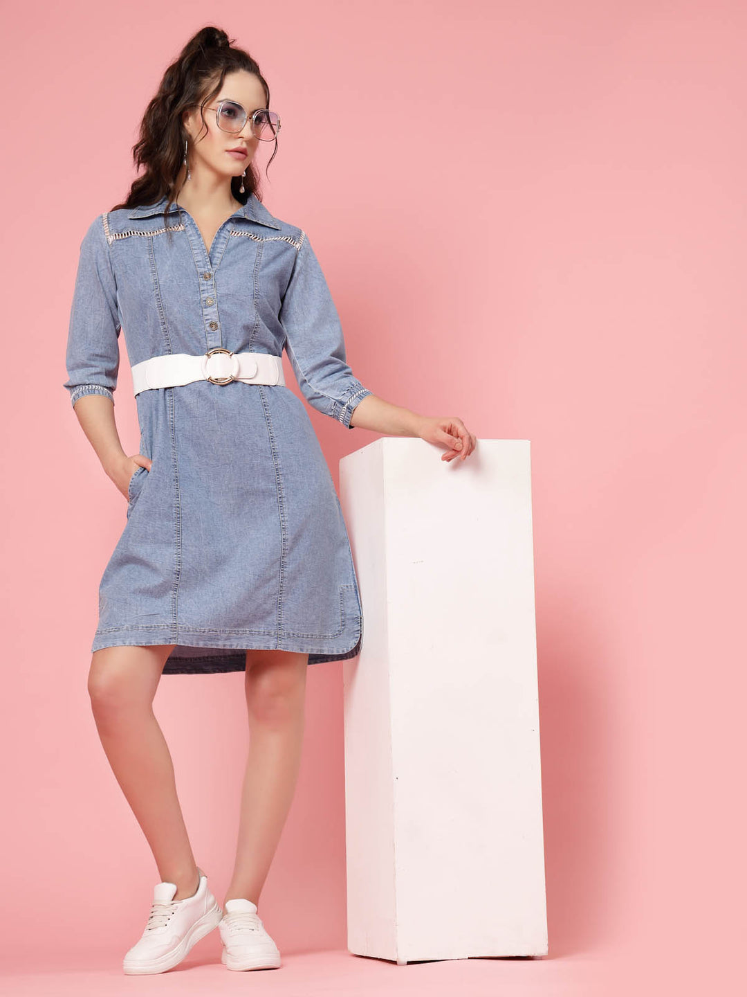 Blue Shirt Collar Denim Cotton A-Line Dress