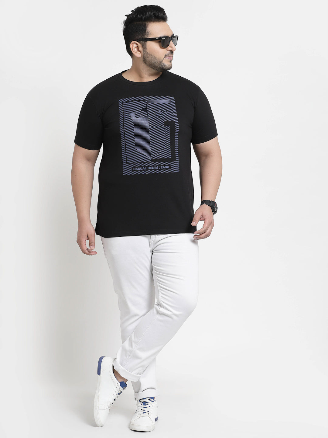 Men Plus Size Black Printed Pure Cotton T-shirt