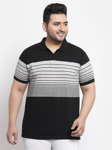 Men Plus Size Black & White Striped Polo Collar Cotton T-shirt