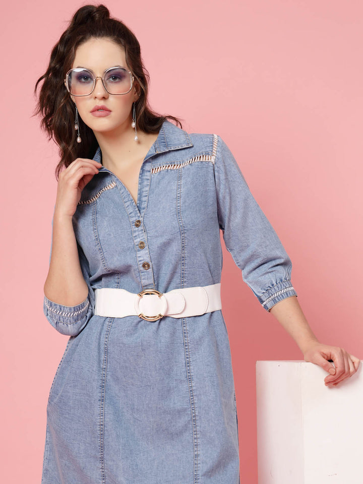 Blue Shirt Collar Denim Cotton A-Line Dress