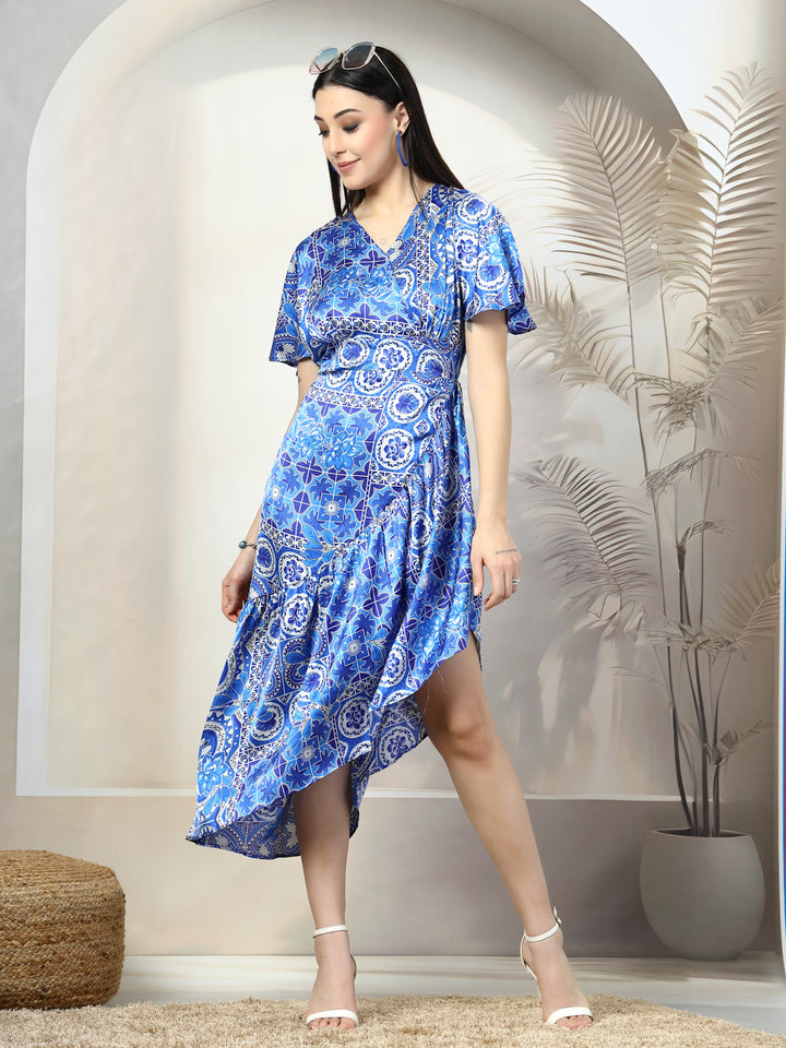 Floral Printed A-Line Wrap Midi Dress