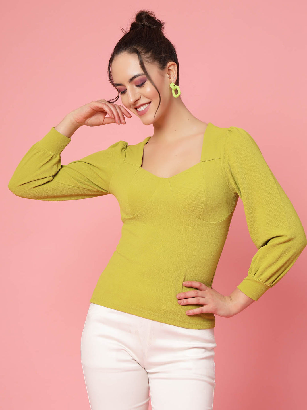 Mustard Cuffed Sleeves Fitted Top