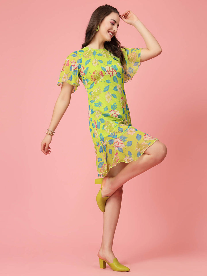 Lime Green Floral Printed Bell Sleeves A-Line Dress