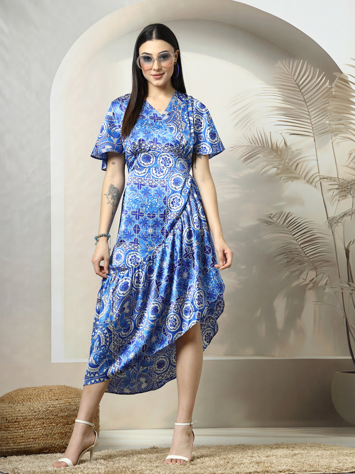 Floral Printed A-Line Wrap Midi Dress