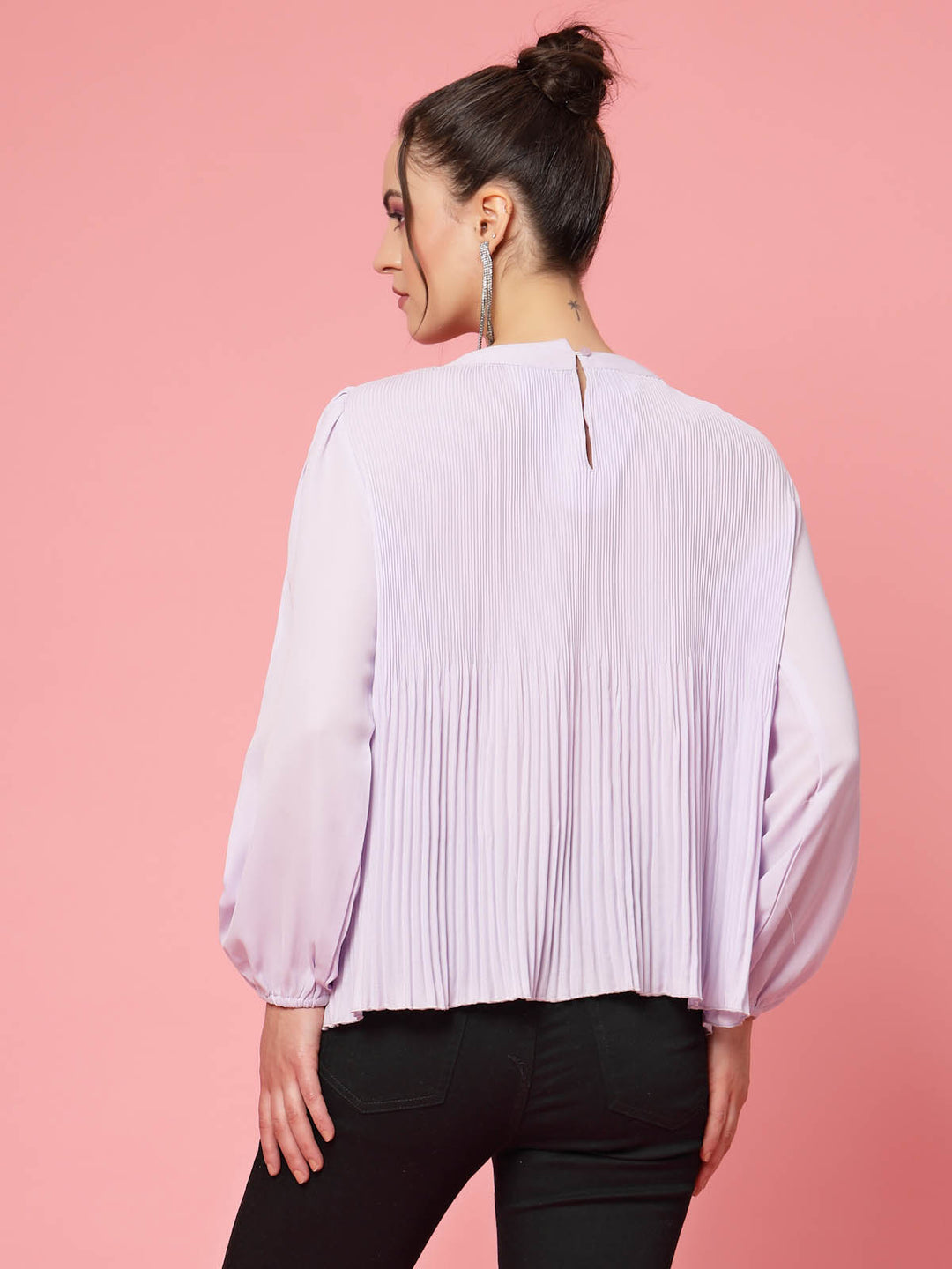 Lavender Puff Sleeves Accordion Pleats Regular Top