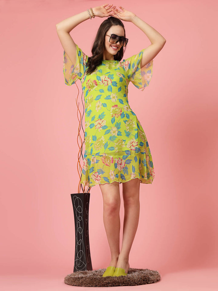 Lime Green Floral Printed Bell Sleeves A-Line Dress