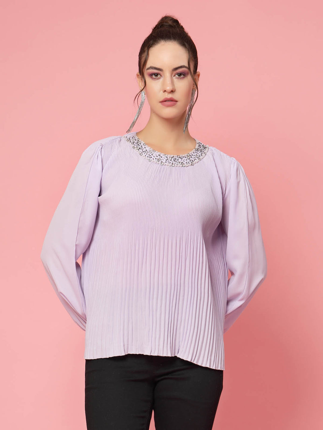 Lavender Puff Sleeves Accordion Pleats Regular Top