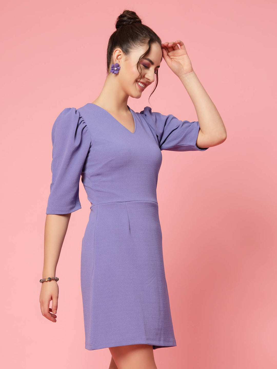 Purple V-Neck Puff Sleeve Sheath Dress