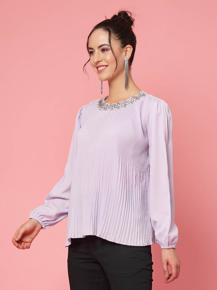 Lavender Puff Sleeves Accordion Pleats Regular Top