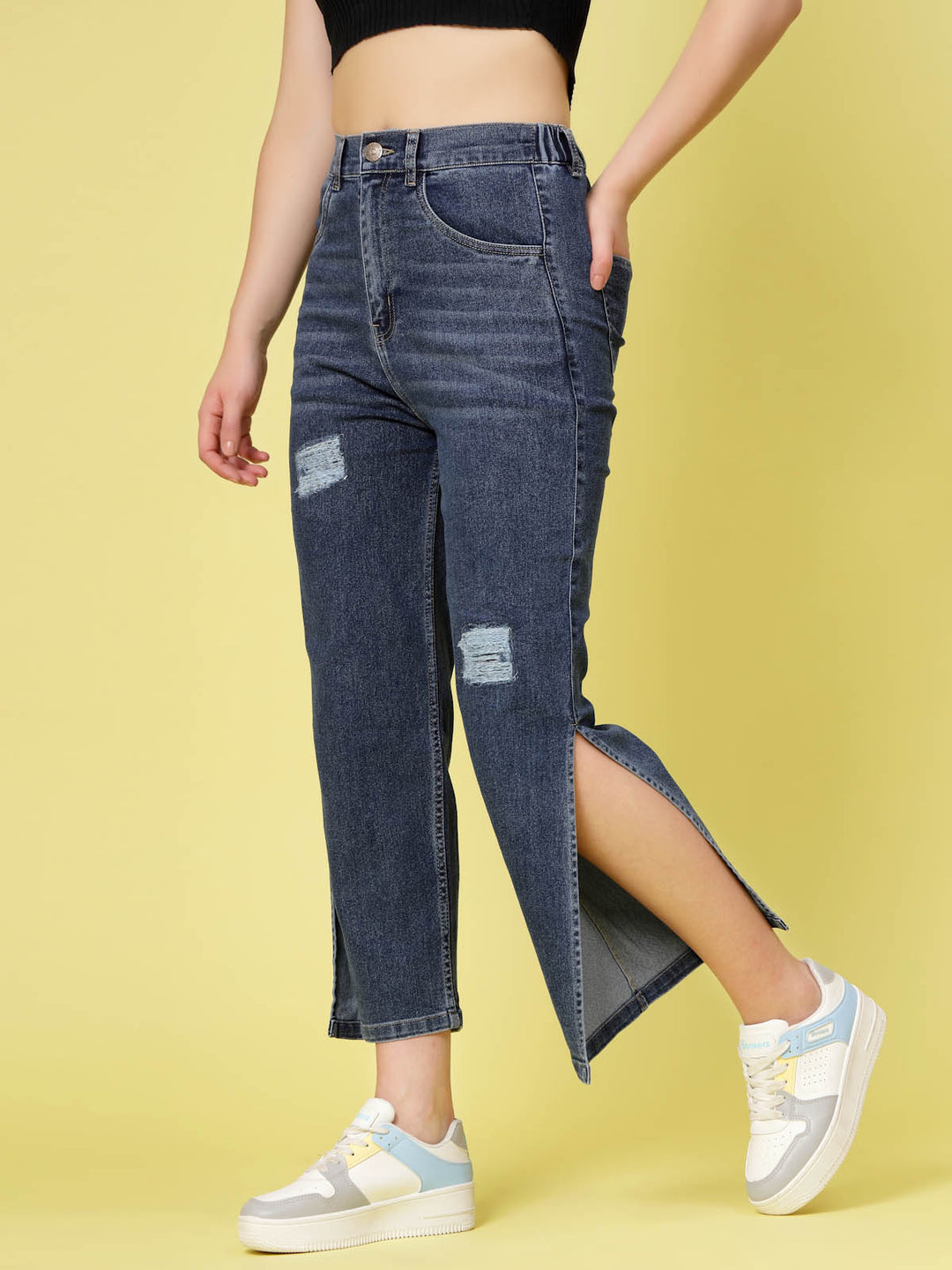 Blue Women Mildly Distressed Side Slit Stretchable Cotton Jeans