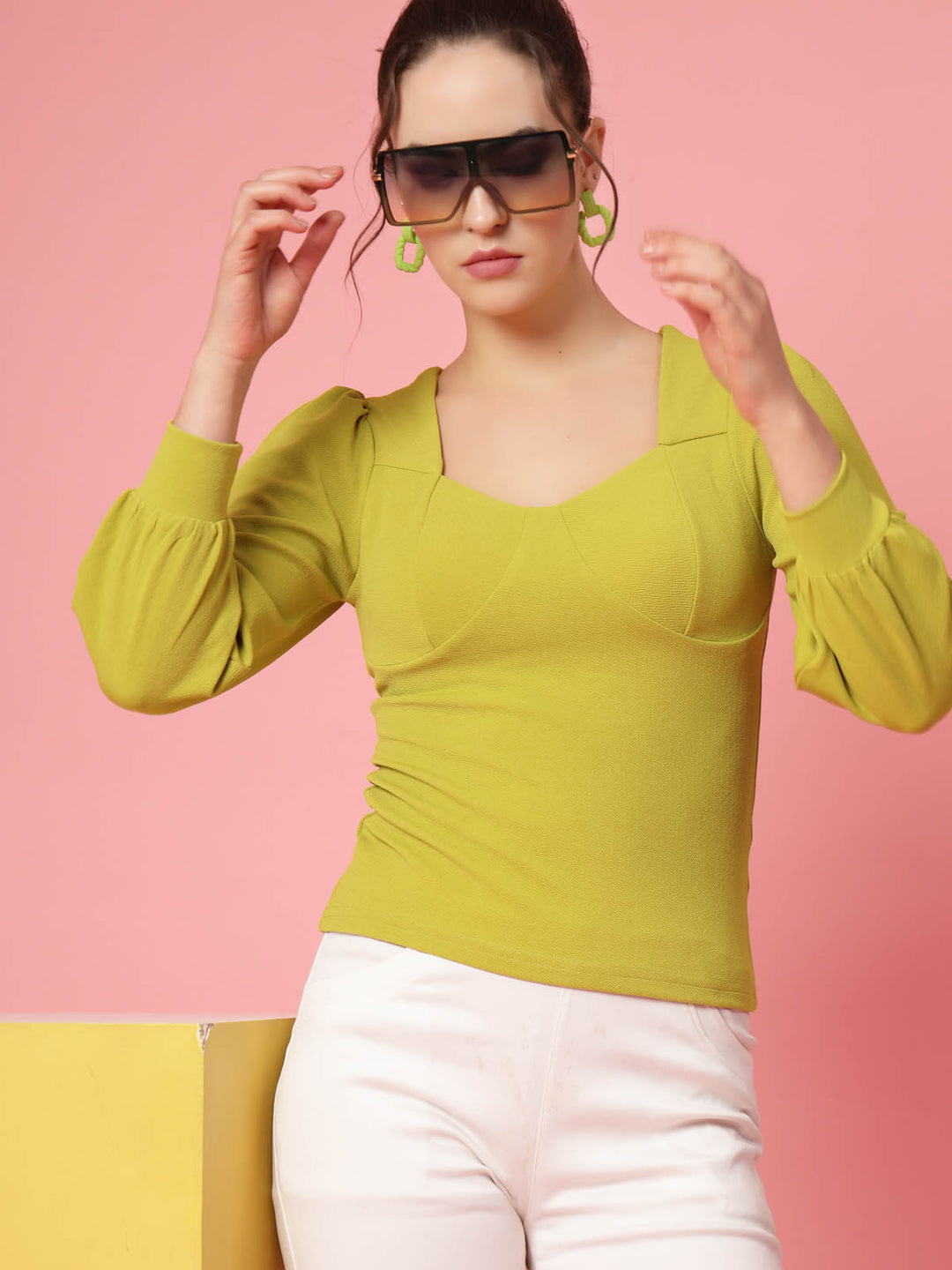 Mustard Cuffed Sleeves Fitted Top