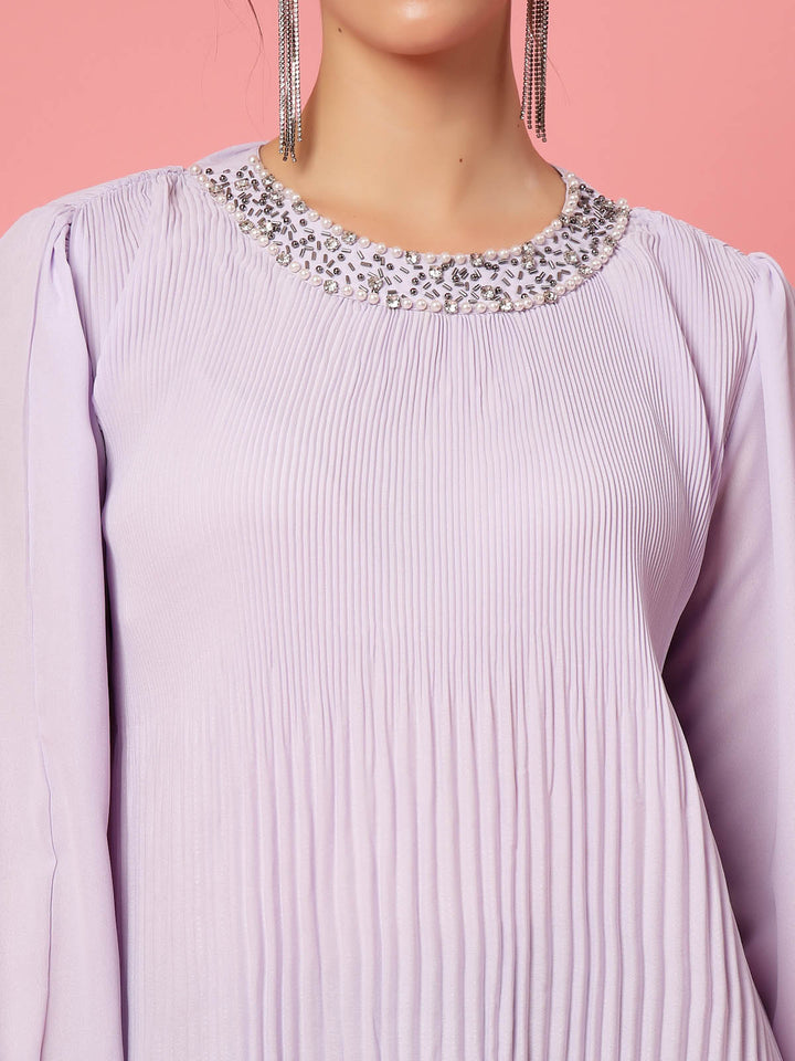 Lavender Puff Sleeves Accordion Pleats Regular Top