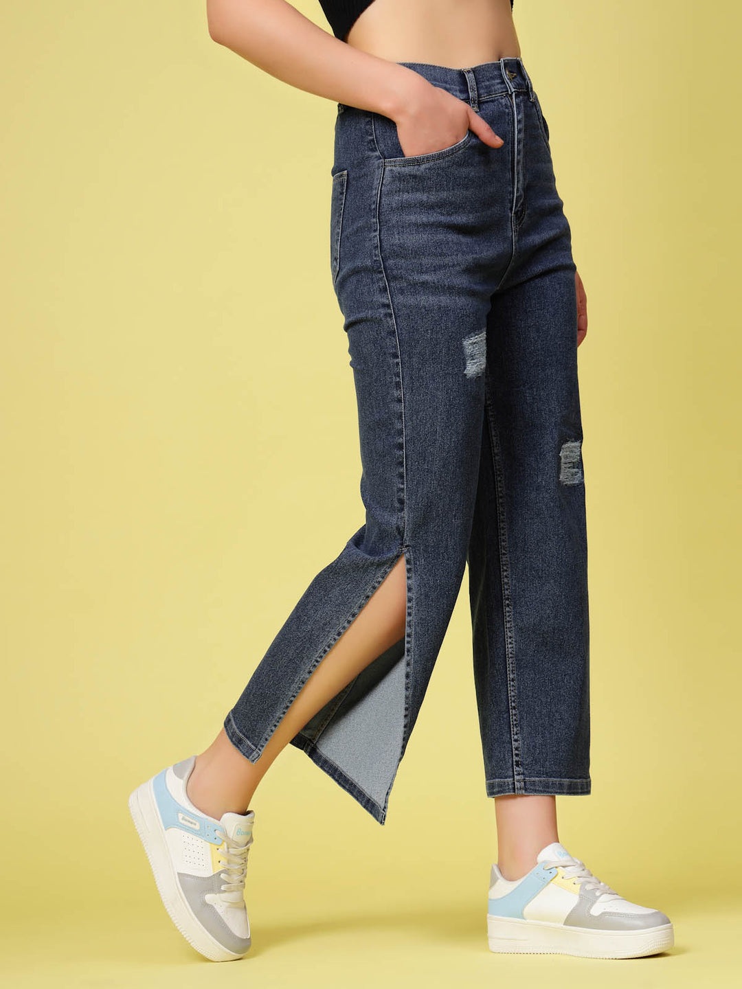 Blue Women Mildly Distressed Side Slit Stretchable Cotton Jeans