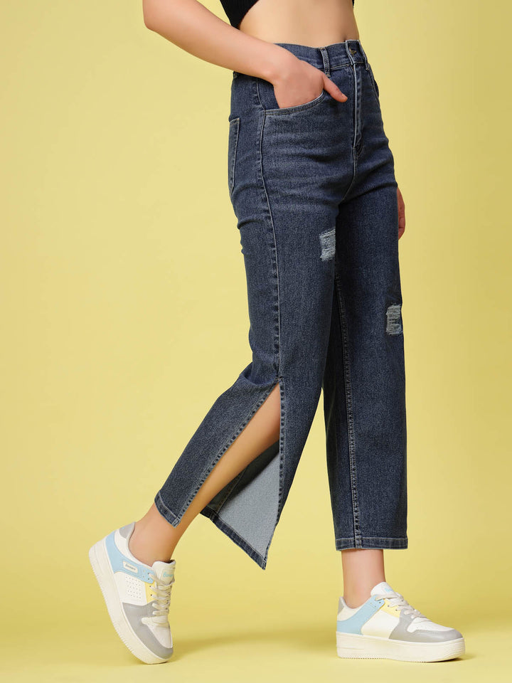 Blue Women Mildly Distressed Side Slit Stretchable Cotton Jeans