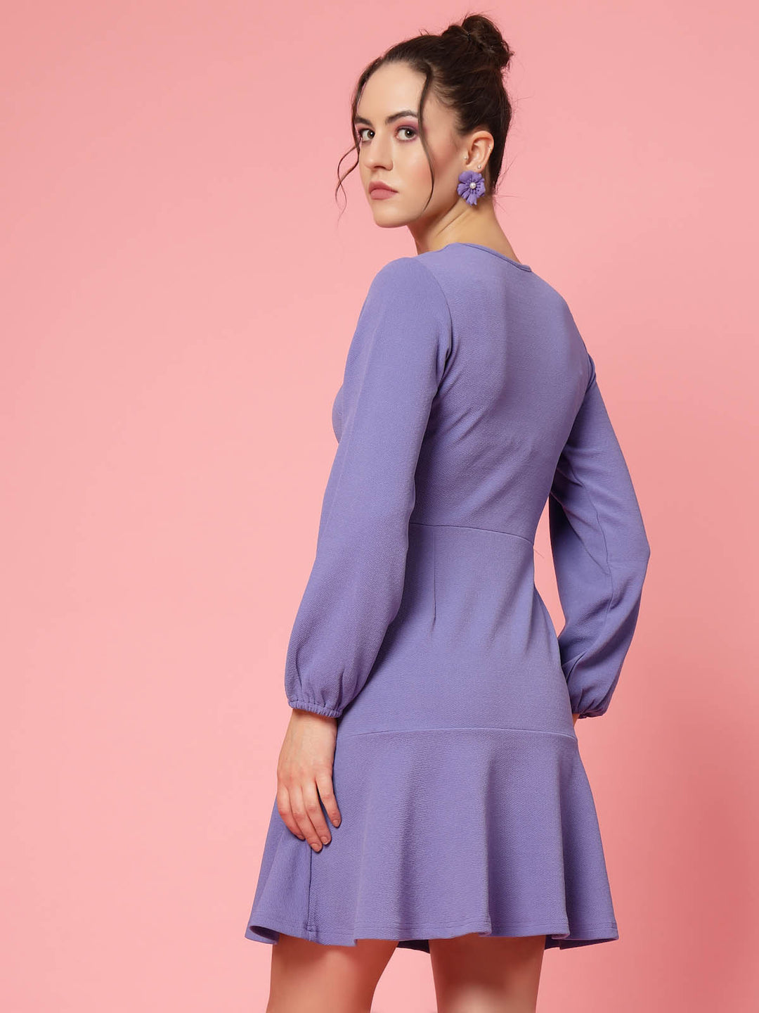 Purple V-Neck Puff Sleeve Fit  Flare Dress