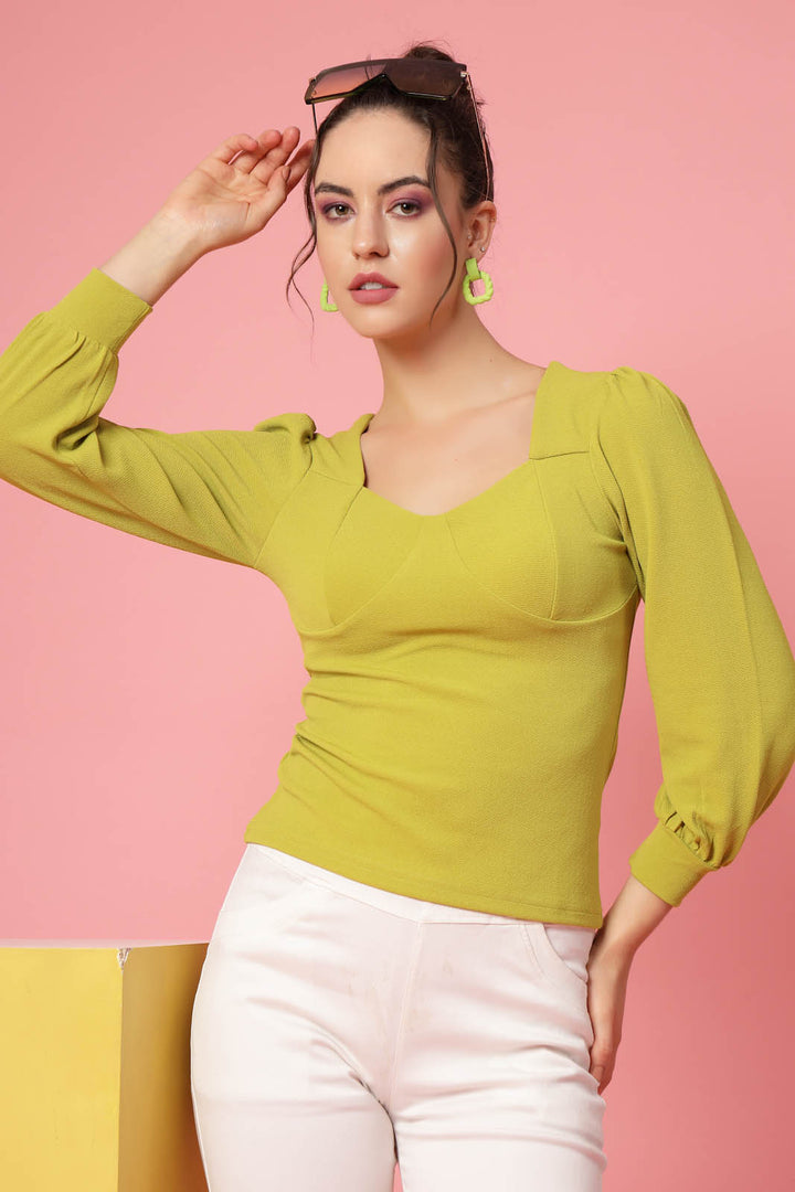 Mustard Cuffed Sleeves Fitted Top