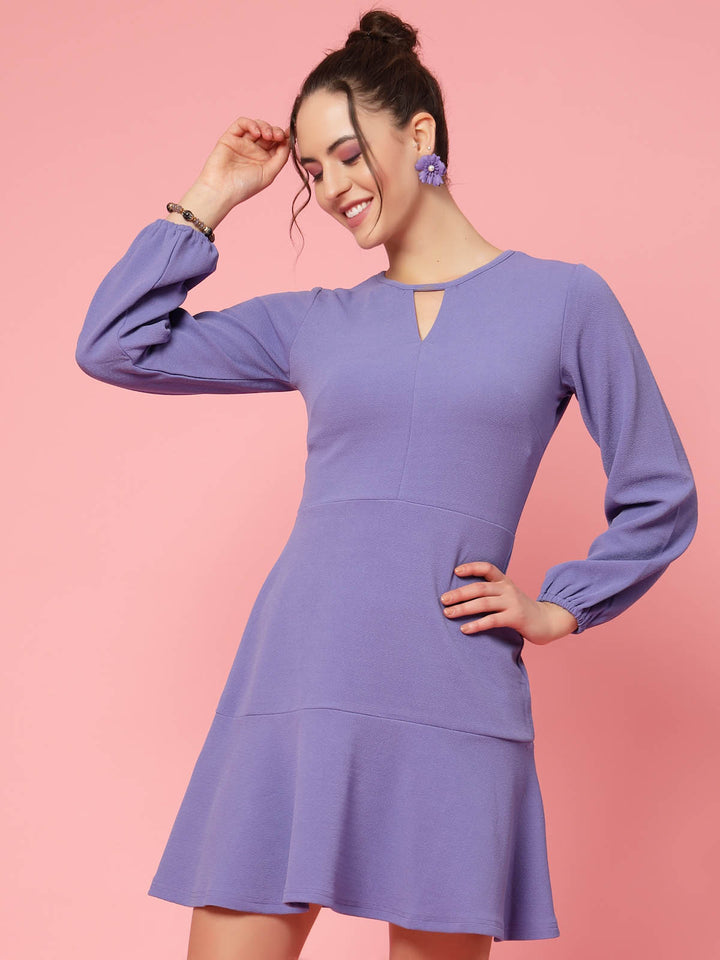 Purple V-Neck Puff Sleeve Fit  Flare Dress