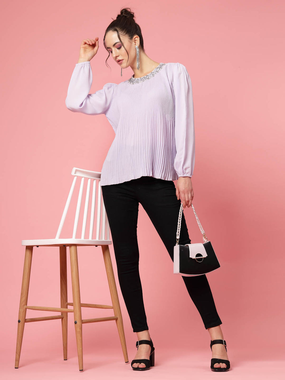 Lavender Puff Sleeves Accordion Pleats Regular Top