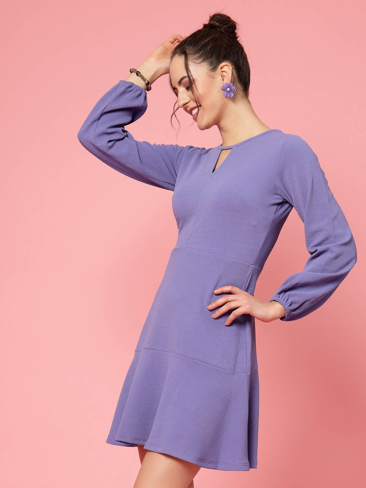 Purple V-Neck Puff Sleeve Fit  Flare Dress