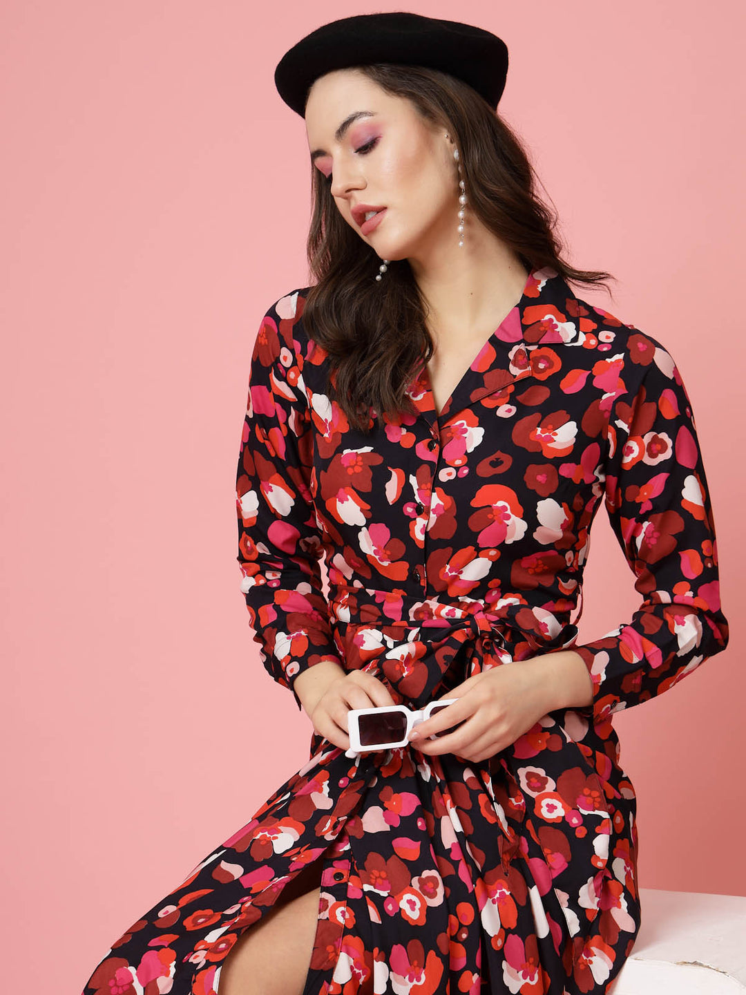 Pink  Black Floral Printed Shirt Collar Cuffed Sleeves Gathered Maxi Dress