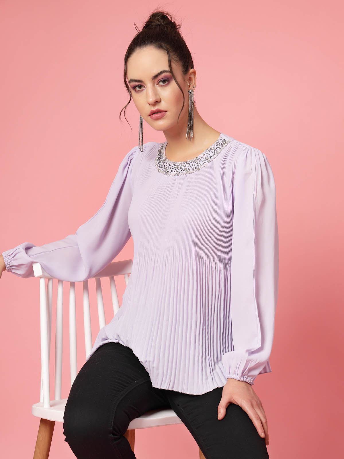 Lavender Puff Sleeves Accordion Pleats Regular Top