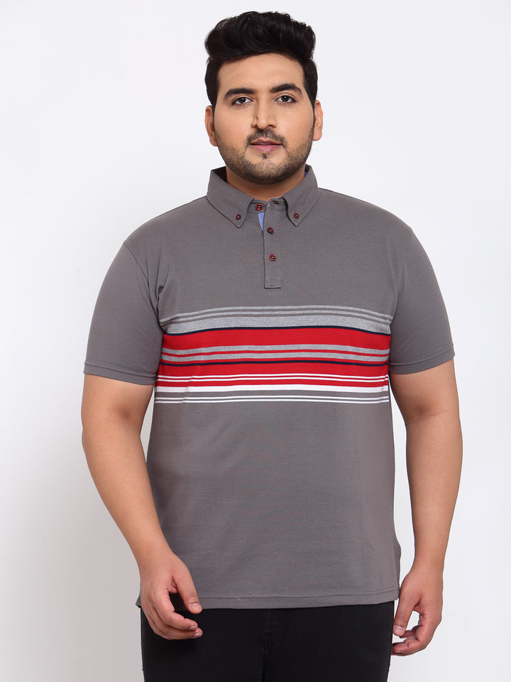 Men Grey & Red Striped Polo Collar T-shirt