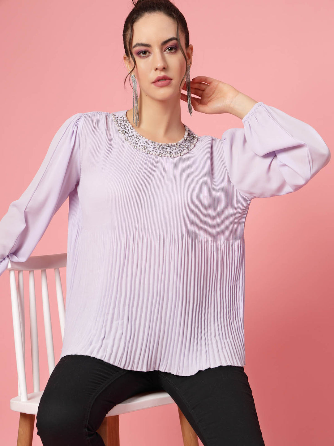 Lavender Puff Sleeves Accordion Pleats Regular Top