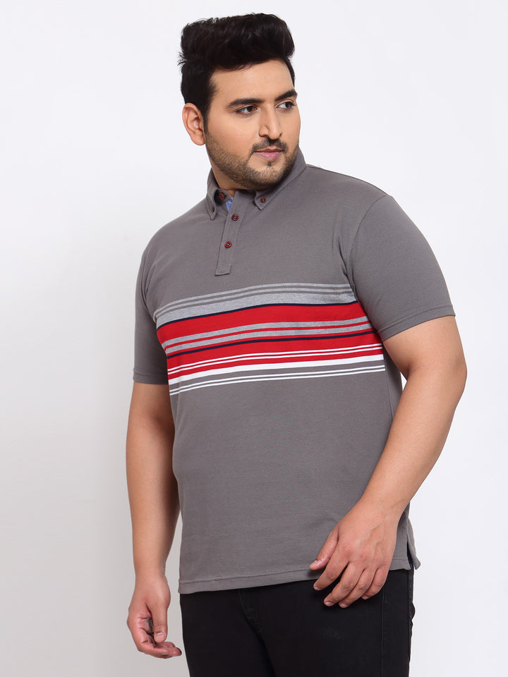 Men Grey & Red Striped Polo Collar T-shirt