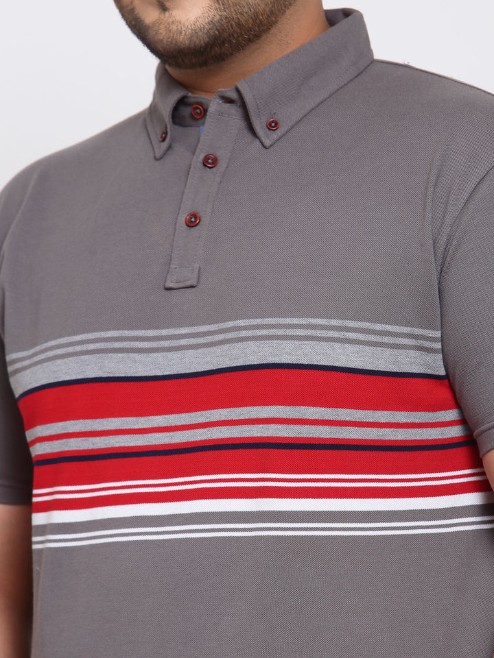 Men Grey & Red Striped Polo Collar T-shirt