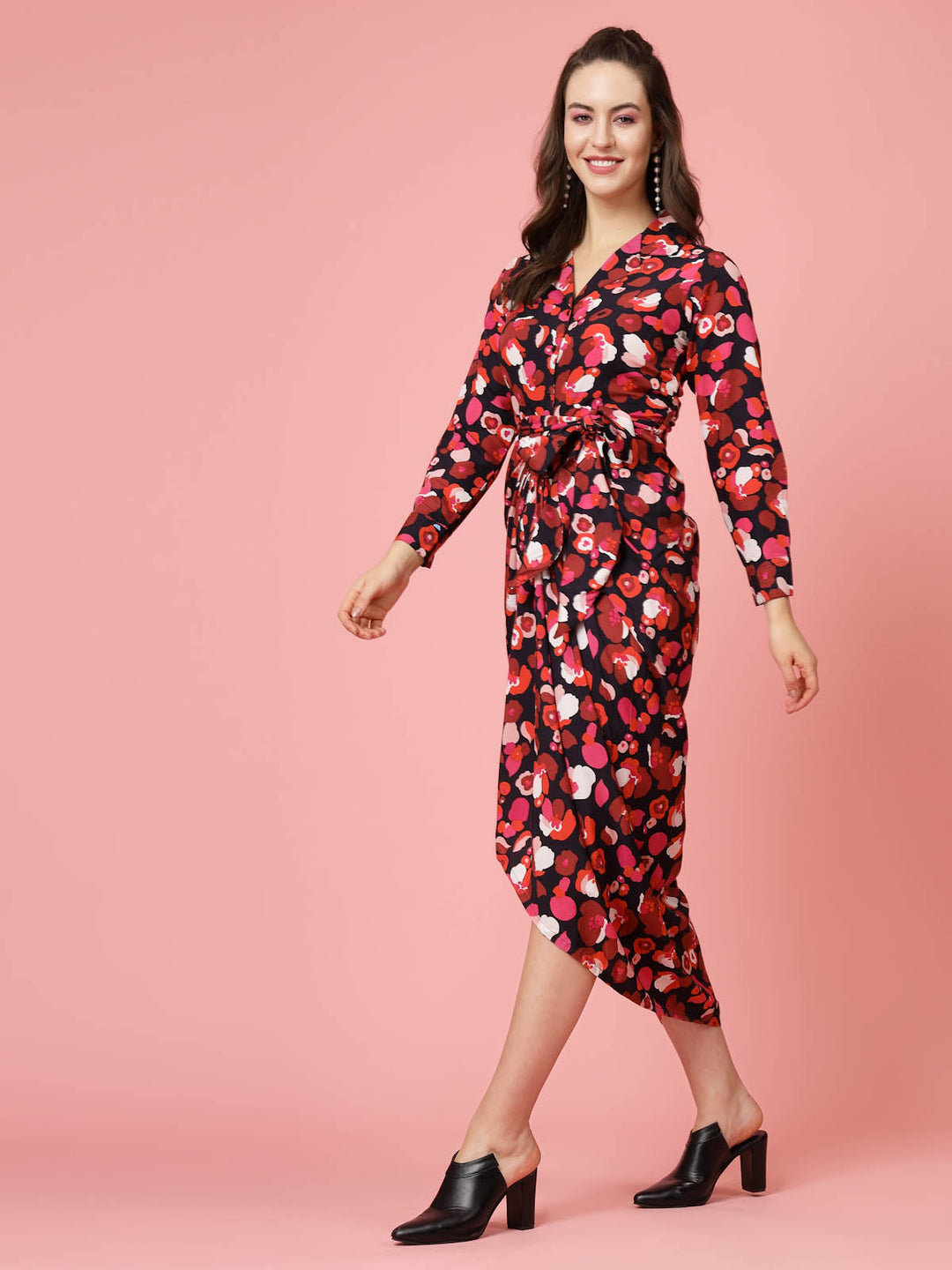 Pink  Black Floral Printed Shirt Collar Cuffed Sleeves Gathered Maxi Dress