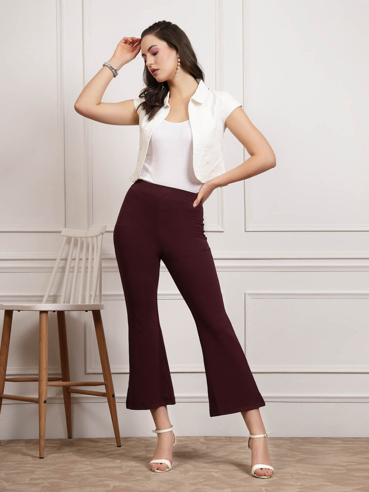 Burgundy Women Mid Rise Bootcut Trousers