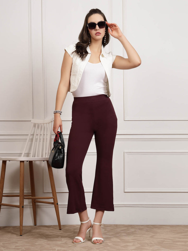 Burgundy Women Mid Rise Bootcut Trousers