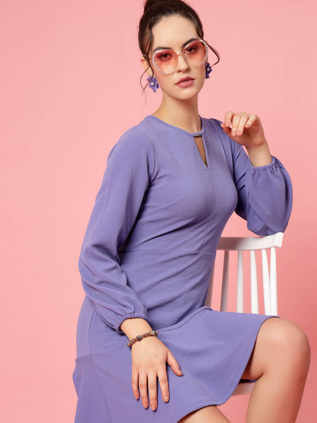 Purple V-Neck Puff Sleeve Fit  Flare Dress