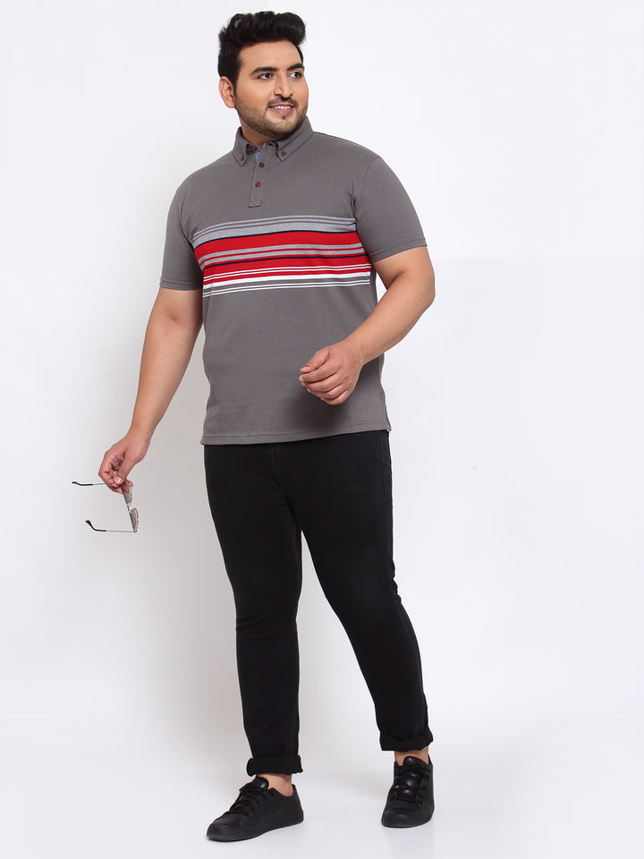 Men Grey & Red Striped Polo Collar T-shirt